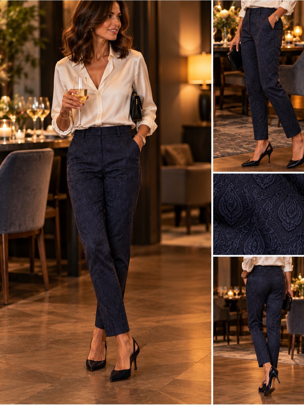 WHBM Navy Ankle Pants Women’s Size 00 Brocade Dressy Slim Cigarette Pants